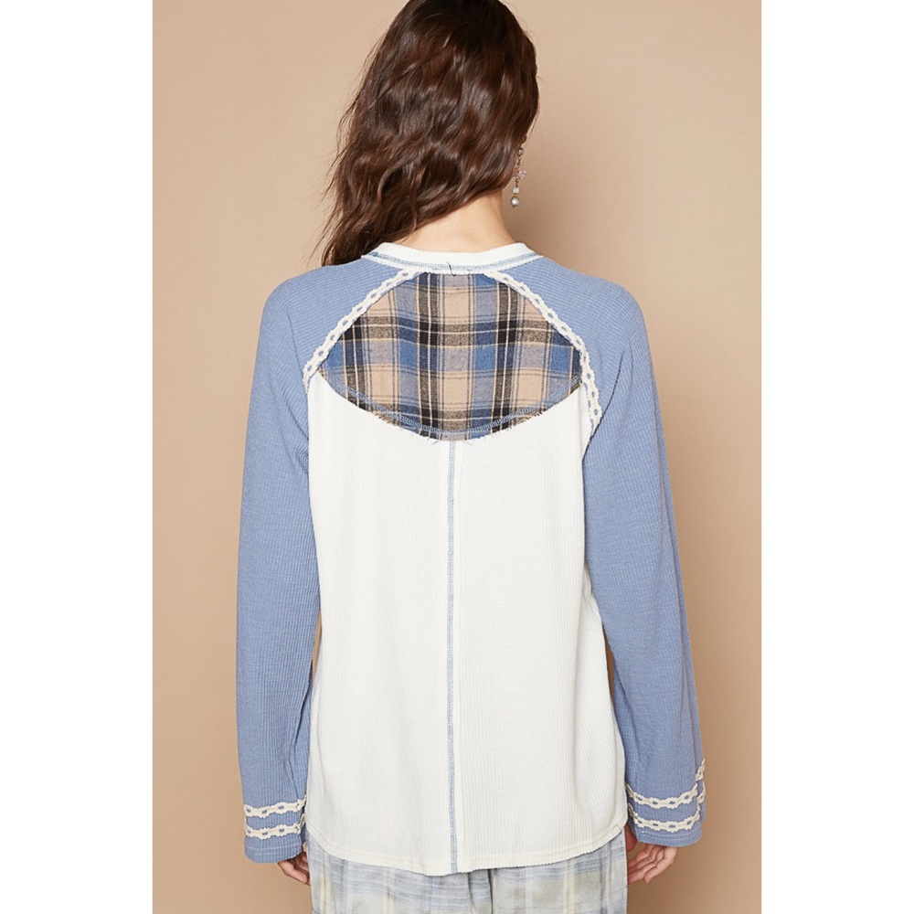POL Blue and White Plaid Long Sleeve Top - Picture 4 of 5